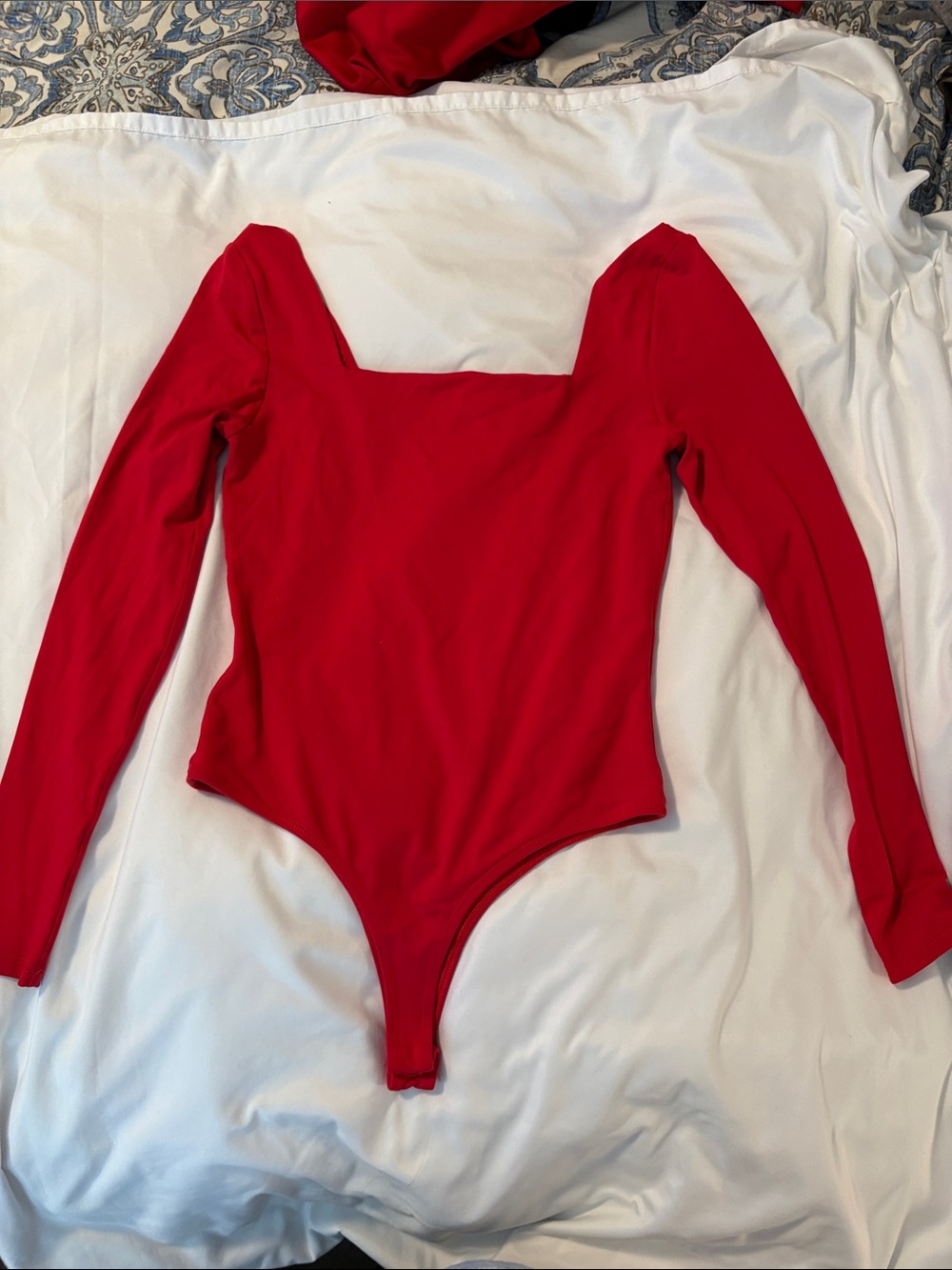 miami Red Square-Neck Long-Sleeve Bodysuit EUC